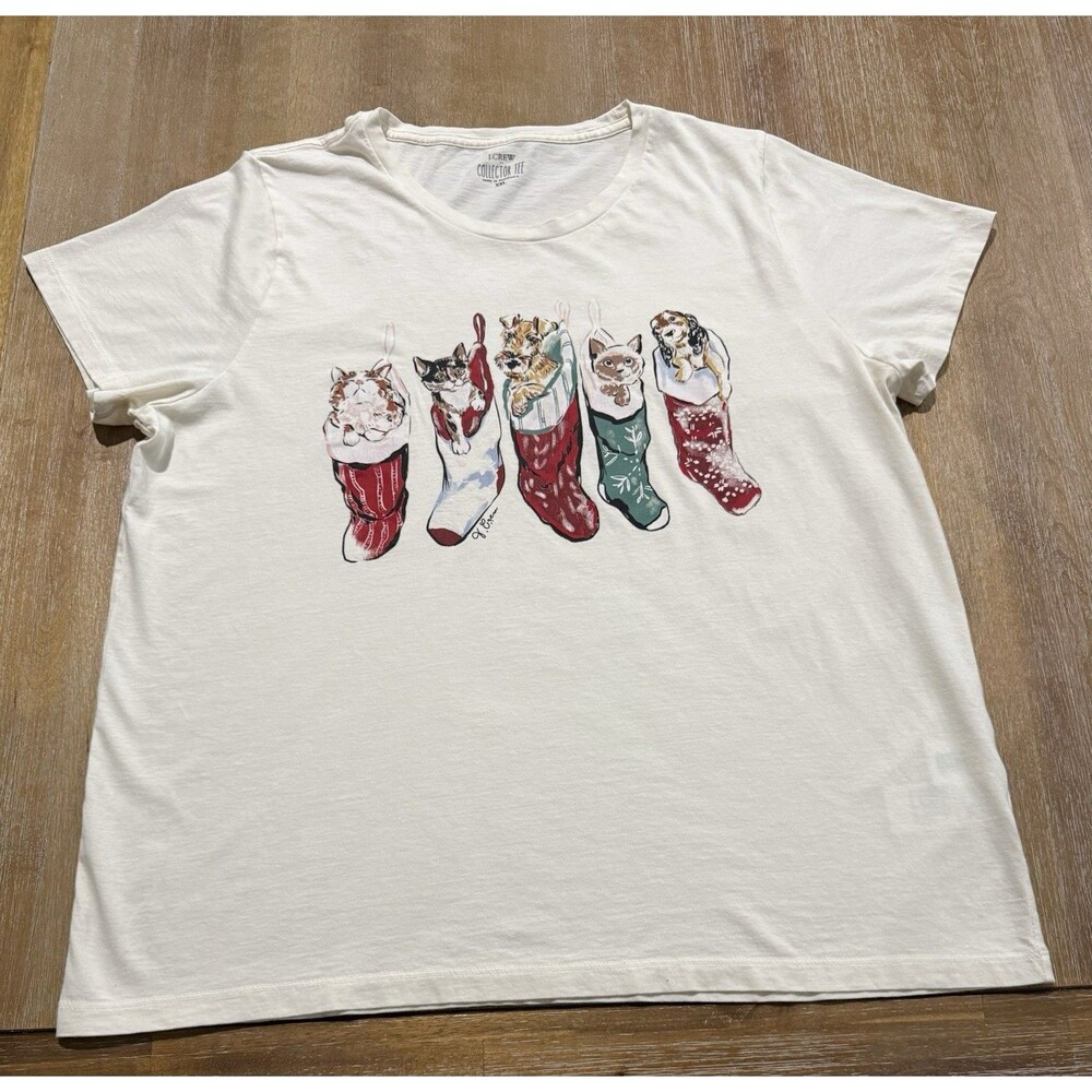 J. Crew Collector Tee Cats Dogs Holiday Christmas Short Sleeve Top Women XXL